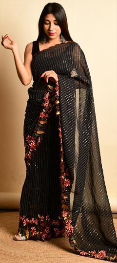 Party Wear Black and Grey color Saree in Georgette fabric with Classic Embroidered, Resham, Sequence, Thread work : 1815938