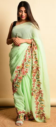 Party Wear Green color Saree in Georgette fabric with Classic Embroidered, Resham, Sequence, Thread work : 1815939