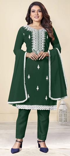 Party Wear Green color Salwar Kameez in Georgette fabric with Straight Embroidered, Resham, Thread work : 1815969