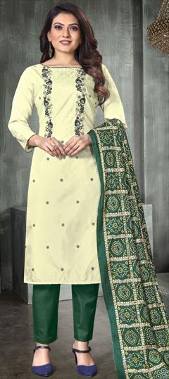 Casual Beige and Brown color Salwar Kameez in Art Silk fabric with Straight Embroidered, Thread work : 1816003