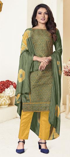 Casual Green color Salwar Kameez in Art Silk fabric with Straight Embroidered, Thread work : 1816004