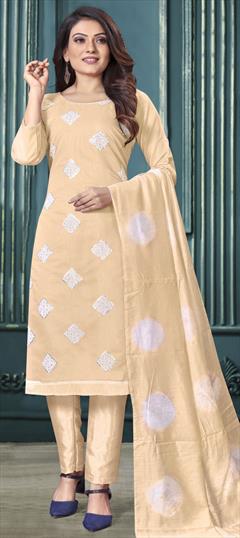 Party Wear Beige and Brown color Salwar Kameez in Art Silk fabric with Straight Embroidered, Sequence work : 1816032