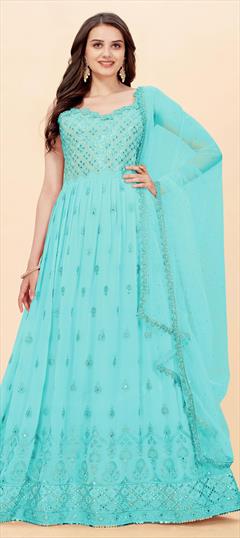 Festive, Reception Blue color Salwar Kameez in Georgette fabric with Anarkali Embroidered, Mirror, Sequence, Thread work : 1816054