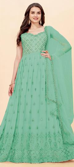 Festive, Reception Green color Salwar Kameez in Georgette fabric with Anarkali Embroidered, Mirror, Sequence, Thread work : 1816055