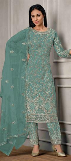 Party Wear Blue color Salwar Kameez in Net fabric with Straight Embroidered, Sequence, Thread work : 1816106