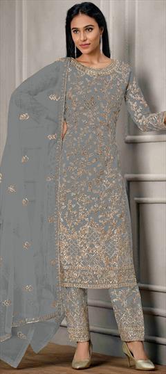 Party Wear Black and Grey color Salwar Kameez in Net fabric with Straight Embroidered, Sequence, Thread work : 1816107
