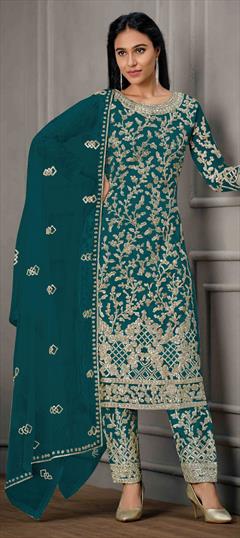 Party Wear Blue color Salwar Kameez in Net fabric with Straight Embroidered, Sequence, Thread work : 1816111