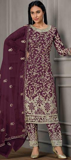 Party Wear Purple and Violet color Salwar Kameez in Net fabric with Straight Embroidered, Sequence, Thread work : 1816113
