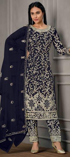 Party Wear Blue color Salwar Kameez in Net fabric with Straight Embroidered, Sequence, Thread work : 1816114