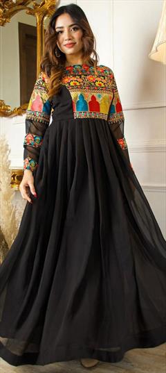 Party Wear, Reception Black and Grey color Gown in Georgette fabric with Embroidered work : 1816385