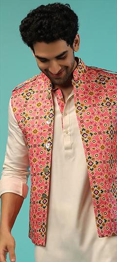 Pink and Majenta color Nehru Jacket in Satin Silk fabric with Printed work : 1816687