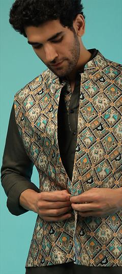 Multicolor color Nehru Jacket in Satin Silk fabric with Printed work : 1816688