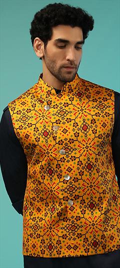 Yellow color Nehru Jacket in Satin Silk fabric with Printed work : 1816690