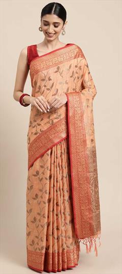 Traditional Orange color Saree in Cotton fabric with Bengali Weaving work : 1816778