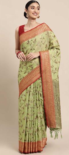 Traditional Green color Saree in Cotton fabric with Bengali Weaving work : 1816781