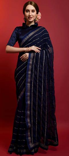 Party Wear Blue color Saree in Georgette fabric with Classic Border, Embroidered, Mirror work : 1816797