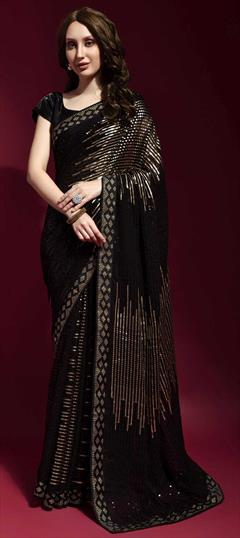 Festive, Party Wear Black and Grey color Saree in Georgette fabric with Classic Sequence, Thread work : 1816819