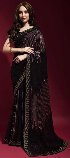 Festive, Party Wear Black and Grey color Saree in Georgette fabric with Classic Sequence, Thread work : 1816820
