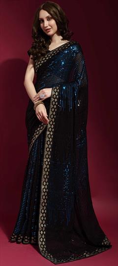 Festive, Party Wear Black and Grey color Saree in Georgette fabric with Classic Sequence, Thread work : 1816821
