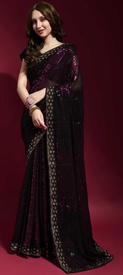 Festive, Party Wear Black and Grey color Saree in Georgette fabric with Classic Sequence, Thread work : 1816823