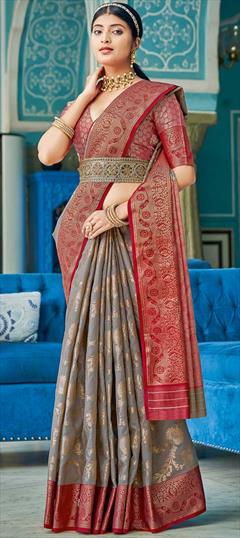 Traditional Black and Grey color Saree in Cotton fabric with Bengali Weaving work : 1816858