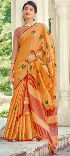 Traditional Yellow color Saree in Linen fabric with Bengali Weaving work : 1816887