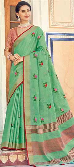 Traditional Green color Saree in Linen fabric with Bengali Weaving work : 1816889