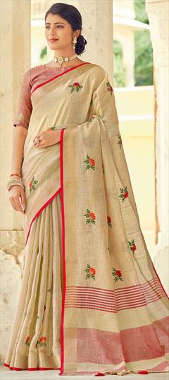 Traditional Beige and Brown color Saree in Linen fabric with Bengali Weaving work : 1816890