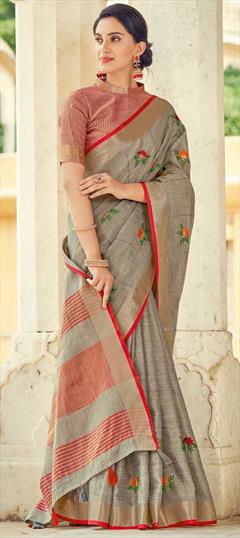 Traditional Black and Grey color Saree in Linen fabric with Bengali Weaving work : 1816891