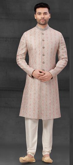 Black and Grey color Sherwani in Silk fabric with Embroidered, Sequence, Thread work : 1816908