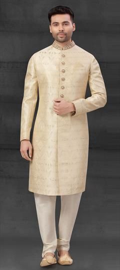Gold color Sherwani in Silk fabric with Bugle Beads, Embroidered, Sequence, Thread work : 1816911