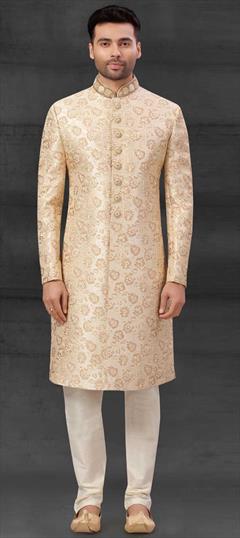Gold color Sherwani in Silk fabric with Bugle Beads, Embroidered, Thread work : 1816916