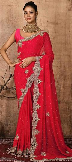Bridal, Wedding Red and Maroon color Saree in Georgette fabric with Classic Cut Dana work : 1816992