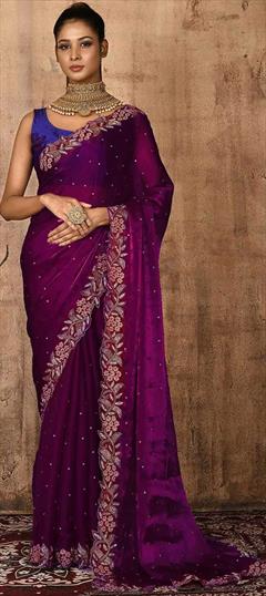Bridal, Reception, Traditional, Wedding Purple and Violet color Saree in Silk, Tissue fabric with South Cut Dana work : 1816997