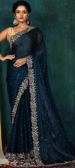 Bridal, Traditional, Wedding Blue color Saree in Silk, Tissue fabric with South Cut Dana work : 1817000