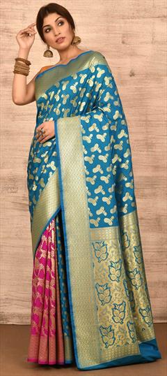 Traditional, Wedding Blue, Pink and Majenta color Saree in Banarasi Silk, Silk fabric with South Weaving work : 1817046
