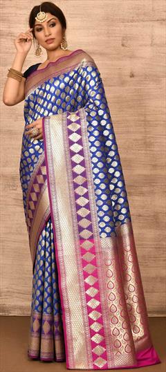 Traditional, Wedding Blue color Saree in Banarasi Silk, Silk fabric with South Weaving work : 1817049