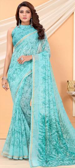 Casual, Traditional Blue color Saree in Cotton fabric with Bengali Floral, Printed work : 1817156