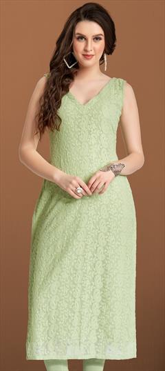 Casual Green color Kurti in Georgette fabric with Straight Embroidered, Thread work : 1817169