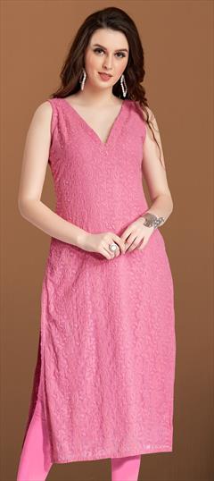 Casual Pink and Majenta color Kurti in Georgette fabric with Straight Embroidered, Thread work : 1817171
