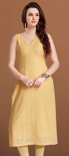 Casual Yellow color Kurti in Georgette fabric with Straight Embroidered, Thread work : 1817173
