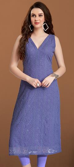 Casual Blue color Kurti in Georgette fabric with Straight Embroidered, Thread work : 1817174