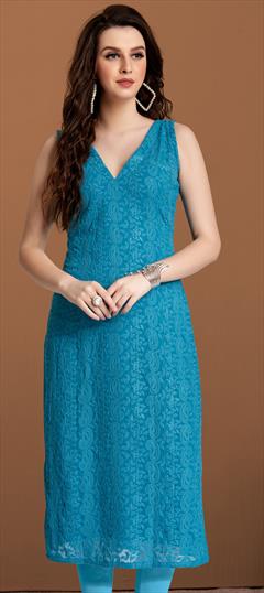 Casual Blue color Kurti in Georgette fabric with Straight Embroidered, Thread work : 1817175