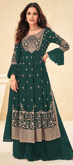 Bollywood Green color Salwar Kameez in Georgette fabric with Palazzo Embroidered, Thread, Zari work : 1817182