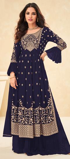 Bollywood Blue color Salwar Kameez in Georgette fabric with Palazzo Embroidered, Thread, Zari work : 1817185