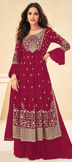 Bollywood Pink and Majenta color Salwar Kameez in Georgette fabric with Palazzo Embroidered, Thread, Zari work : 1817188