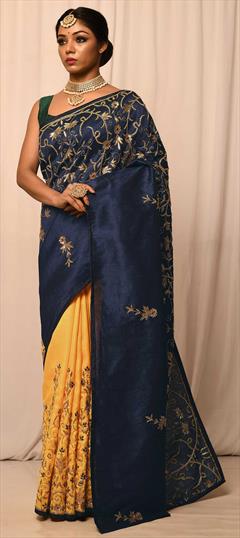 Traditional, Wedding Blue, Yellow color Saree in Art Silk, Silk fabric with South Sequence, Stone, Thread work : 1817273