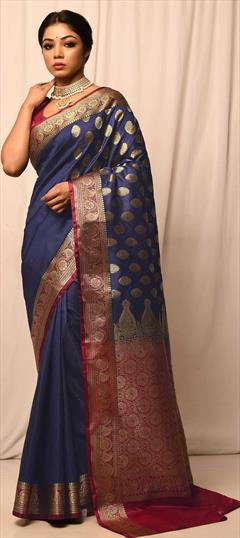 Traditional, Wedding Blue color Saree in Kanchipuram Silk, Silk fabric with South Stone, Weaving work : 1817277
