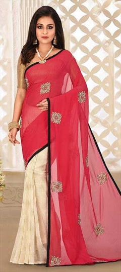 Bridal, Wedding Beige and Brown, Pink and Majenta color Saree in Georgette fabric with Classic Sequence, Stone, Thread work : 1817279