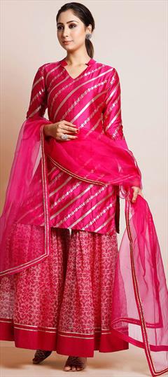 Party Wear Pink and Majenta color Salwar Kameez in Rayon fabric with Palazzo Printed, Weaving work : 1817509